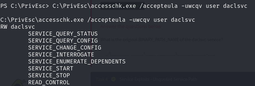 accesschk output showing the "user" account has RW on daclsvc, including SERVICE_QUERY_STATUS, SERVICE_QUERY_CONFIG, SERVICE_CHANGE_CONFIG, SERVICE_START, SERVICE_STOP, and READ_CONTROL