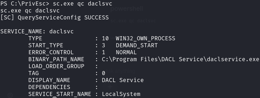 sc.exe qc daclsvc output showing the service configuration restored to its original BINARY_PATH_NAME: "C:\Program Files\DACL Service\daclservice.exe"