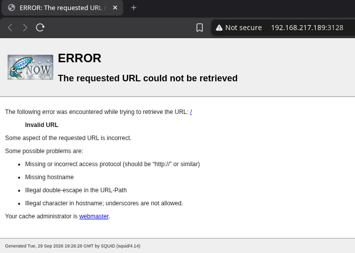 Squid's own ERROR page confirming squid/4.14 at the footer