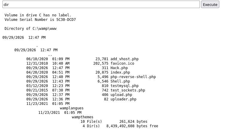 Running dir through Hack.php, confirming code execution and listing the web root's contents