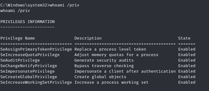 whoami /priv after FullPowers, showing all 7 privileges Enabled