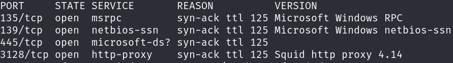 Nmap results showing 135, 139, 445, and 3128 open, with 3128 fingerprinted as Squid http proxy 4.14