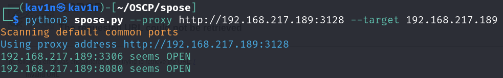 spose.py scanning through the Squid proxy and finding ports 3306 (MySQL) and 8080 open internally