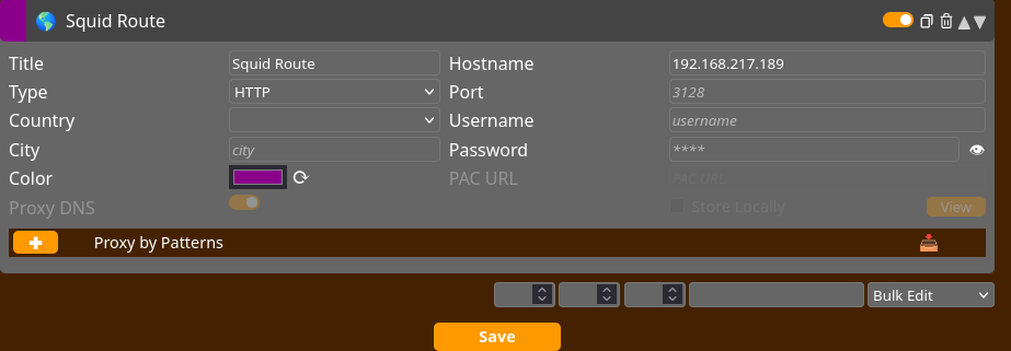 FoxyProxy "Squid Route" profile configured with hostname 192.168.217.189 and port 3128