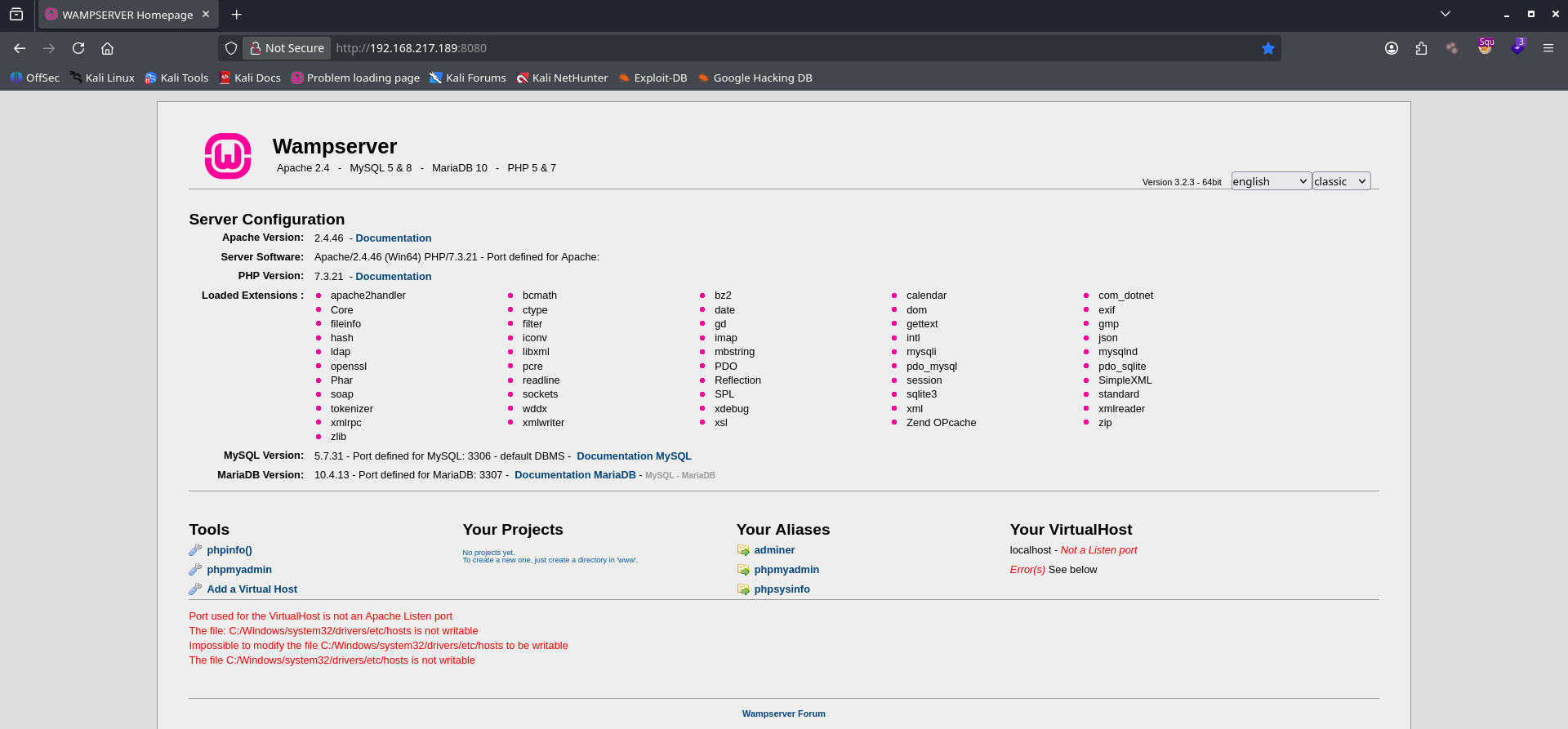 WAMPServer homepage rendered through the Squid proxy pivot, showing Apache 2.4.46, PHP 7.3.21, MySQL 5.7.31, and links to phpMyAdmin