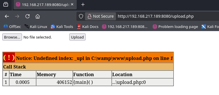 upload.php live in the browser, rendering the file upload form generated by the MySQL query