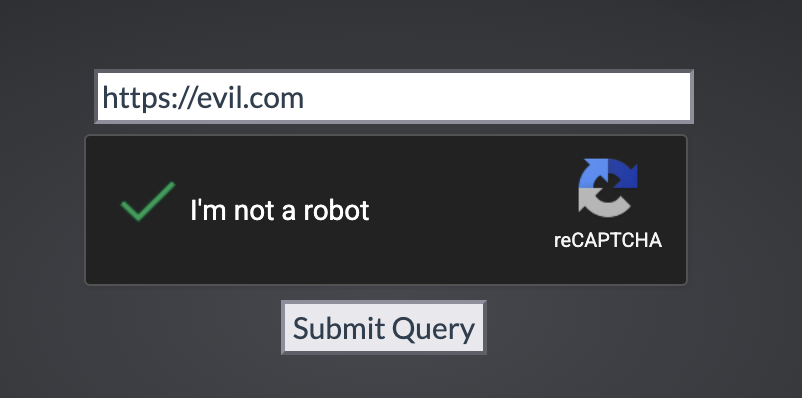 URL input field with https://evil.com entered, next to a reCAPTCHA checkbox and Submit Query button