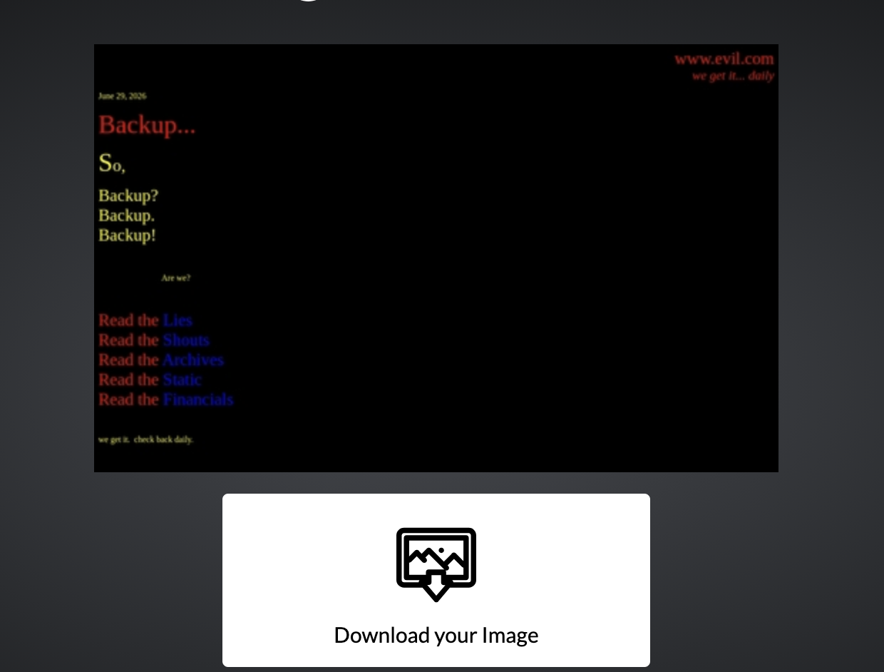 Rendered screenshot of evil.com showing its actual page content, with a Download your Image button below it