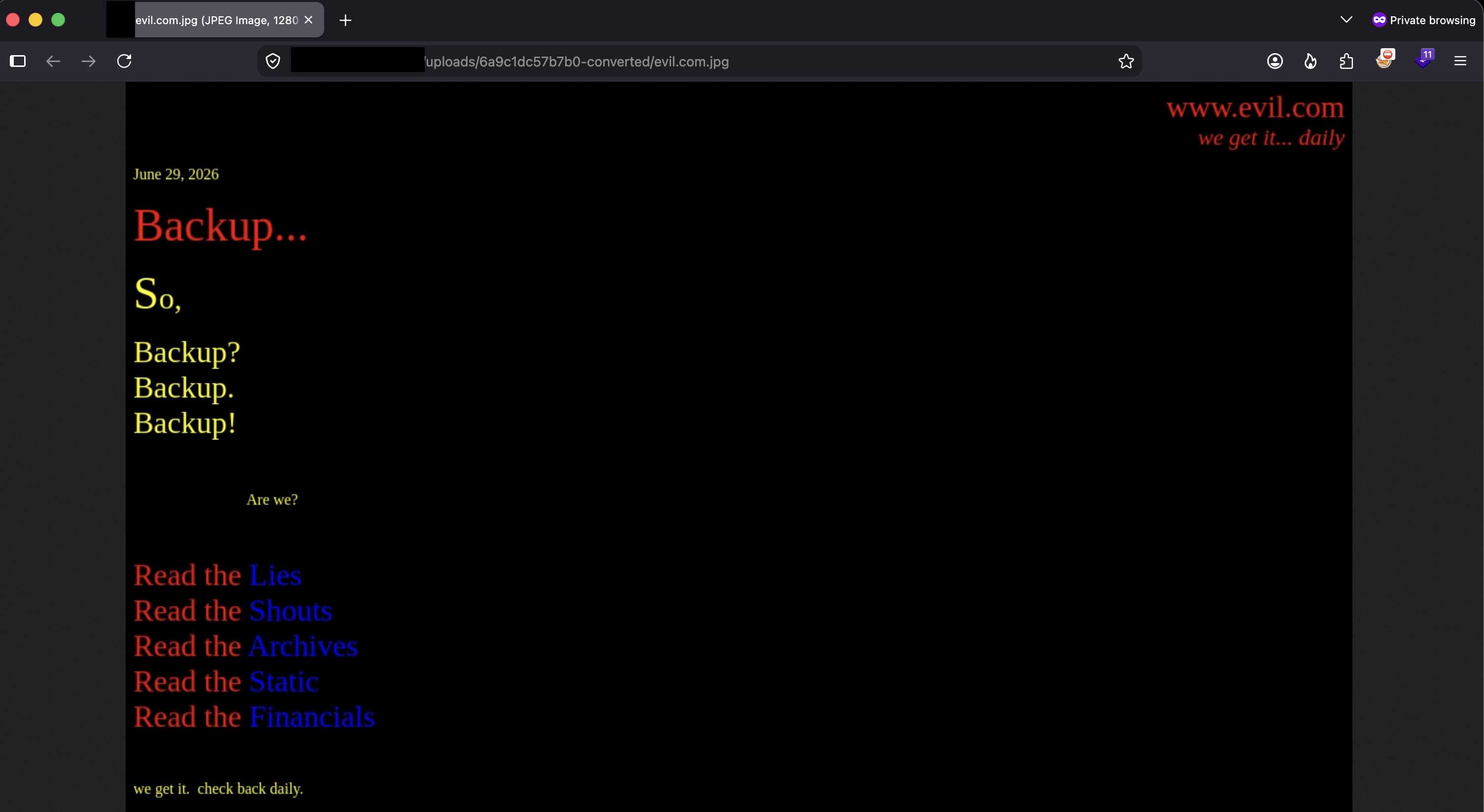 Browser tab showing the downloaded evil.com.jpg opened directly, with the URL bar showing an /uploads/<hash>-converted/evil.com.jpg path