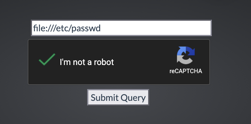 URL input field with file:///etc/passwd entered, next to the same reCAPTCHA checkbox and Submit Query button