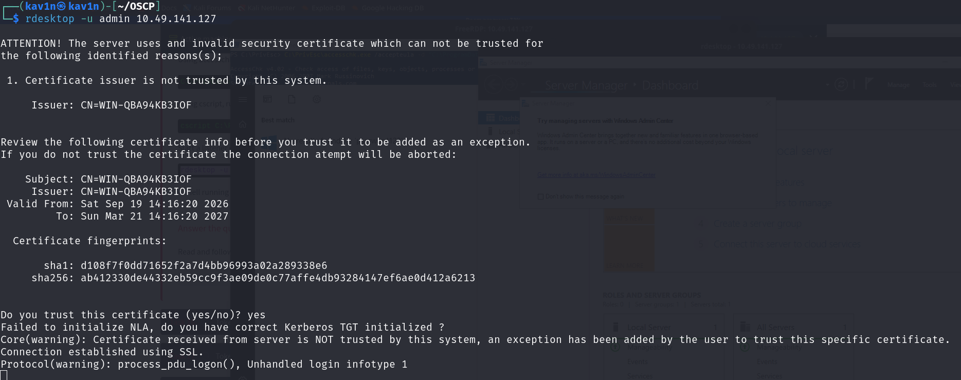 rdesktop connecting to the target, accepting the self-signed certificate warning, and establishing an SSL connection