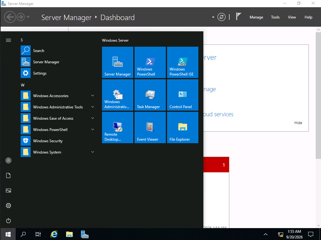 The admin's desktop after login, with the Start menu open showing standard Windows Server administrative tools