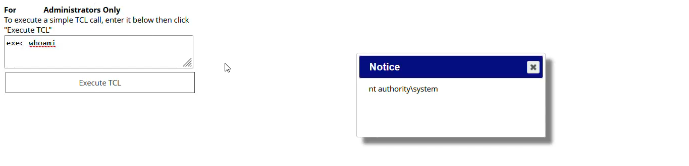exec whoami via TCL interpreter — returns nt authority\system