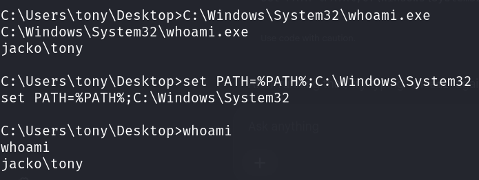 Full-path whoami confirming jacko\tony, then set PATH fixing bare whoami for the rest of the session