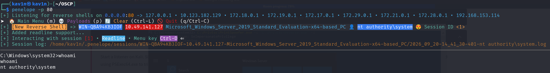 Reverse shell listener catching a new SYSTEM session immediately after running PrintSpoofer