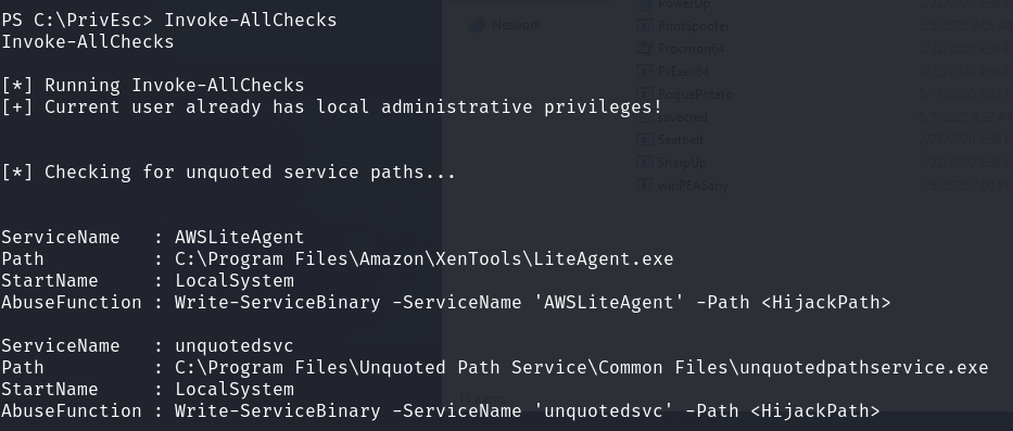 Invoke-AllChecks output confirming the current user already has local admin on nothing yet, then listing services with unquoted paths: AWSLiteAgent and unquotedsvc, with unquotedsvc pointing to "C:\Program Files\Unquoted Path Service\Common Files\unquotedpathservice.exe"