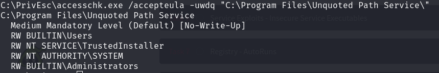 accesschk output showing RW permissions on the "C:\Program Files\Unquoted Path Service" folder for BUILTIN\Users, NT SERVICE\TrustedInstaller, NT AUTHORITY\SYSTEM, and BUILTIN\Administrators